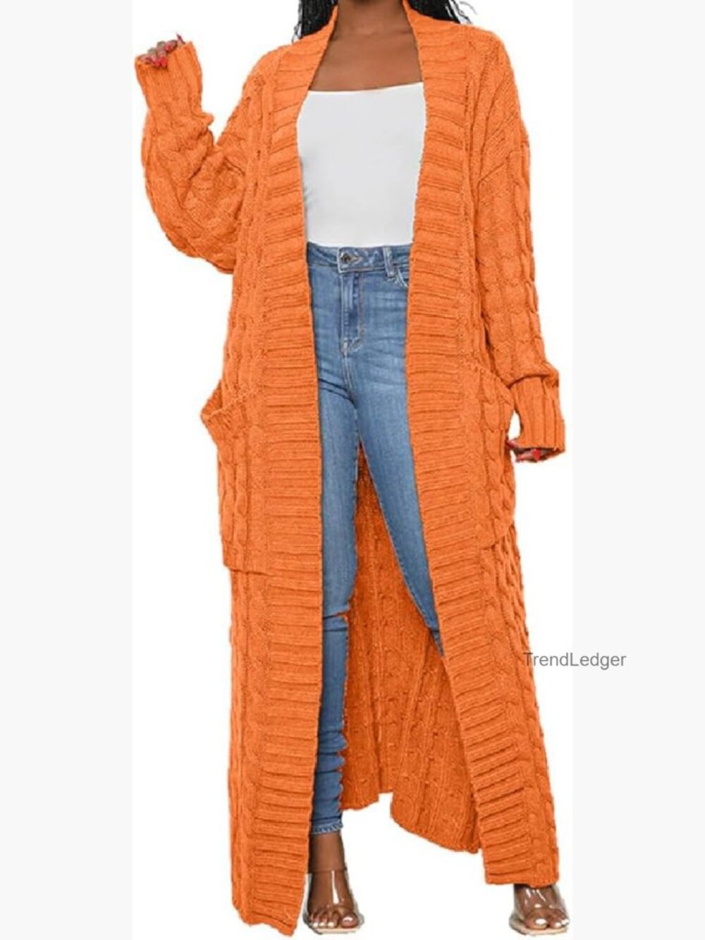 Womens Thin Cable Knit Cardigan Extra Long Ankle Length Sweater with Pockets